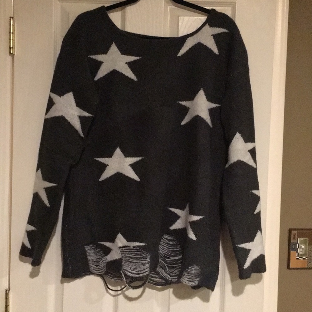 Charcoal Distressed Sweater w/Stars - Picture 5 of 5